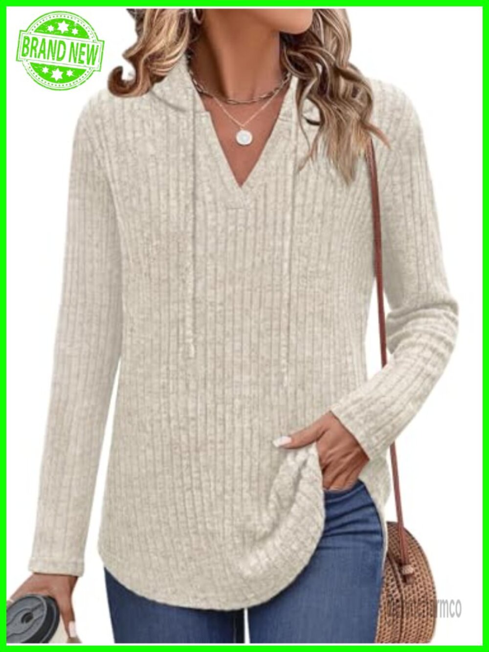 V Neck Knit Hoodie Long Sleeve Ribbed Pullover Top Sweater